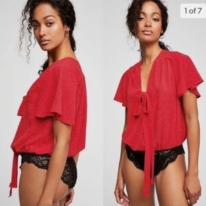 Free People Red White Polka Dot Tie Front Black Lace Bottom Bodysuit Small.